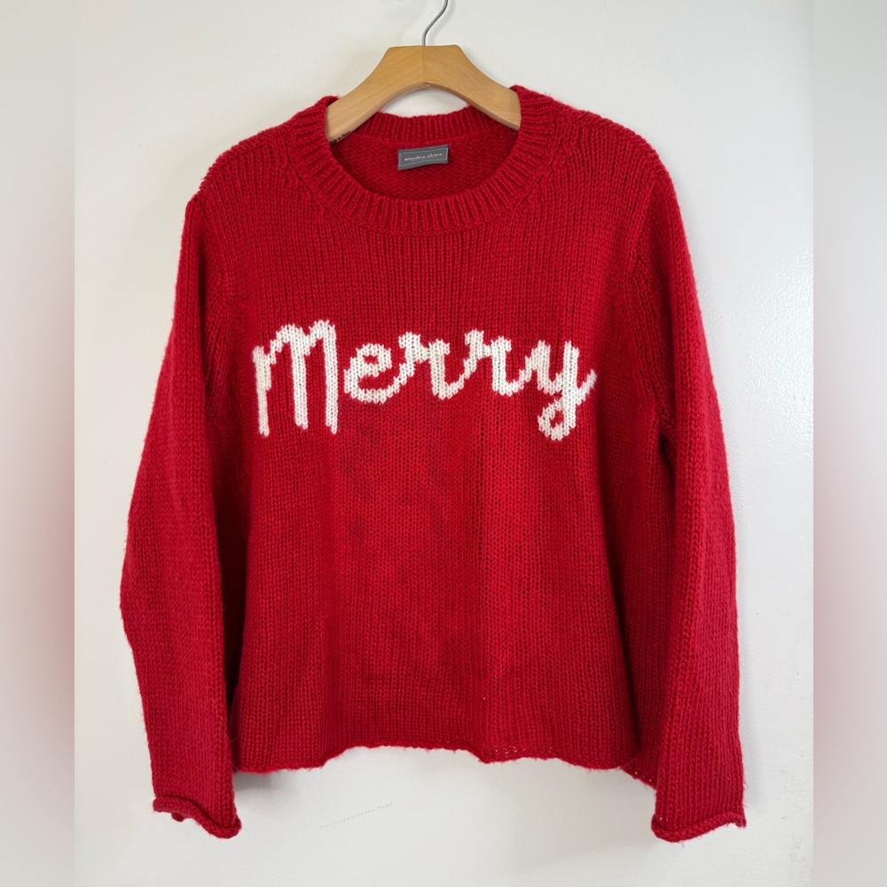 Wooden ships red and white, Merry, long sleeve, rolled hem Christmas sweater S/M